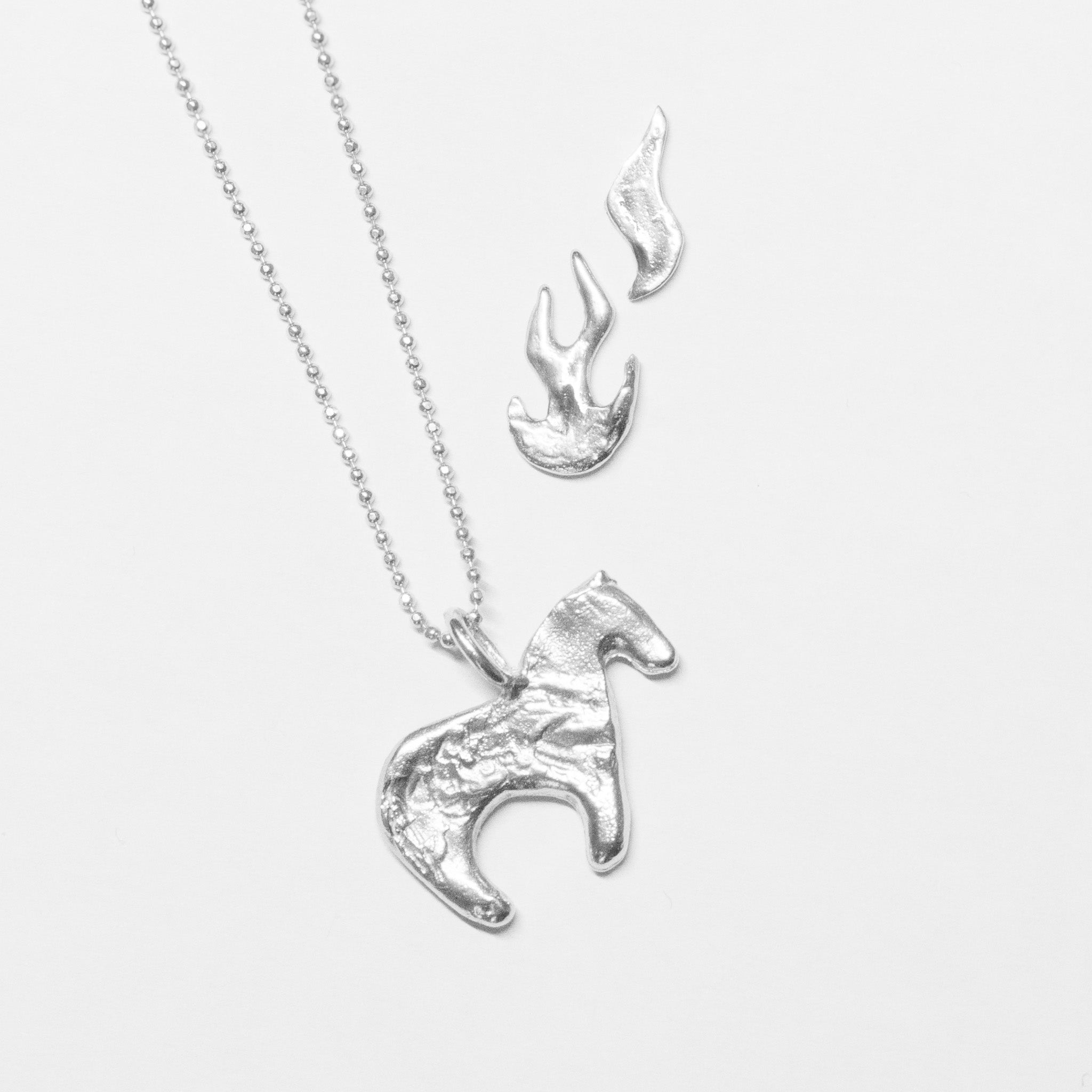 Firehorse Set in sterling silver 925 – pendant and flame earrings with ball chain — Zefiro Jewels